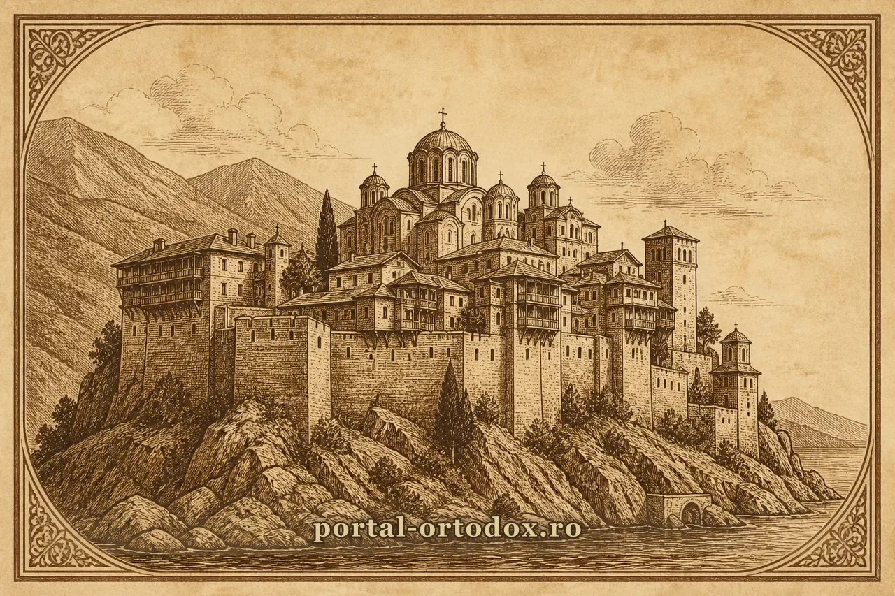 Ilustrație: ansamblu monahal athonit cu katholikon și incintă