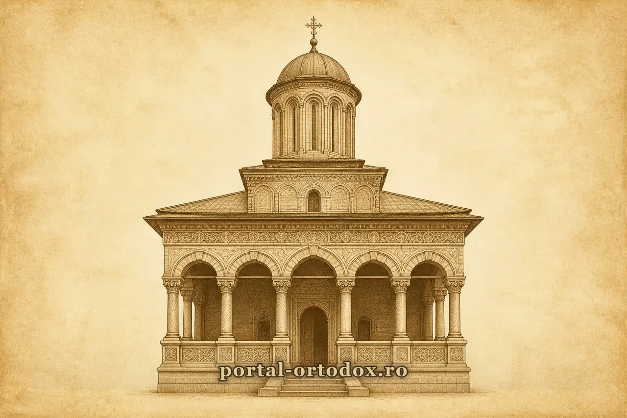 Ilustrație: biserică brâncovenească cu pridvor cu coloane și arcaturi