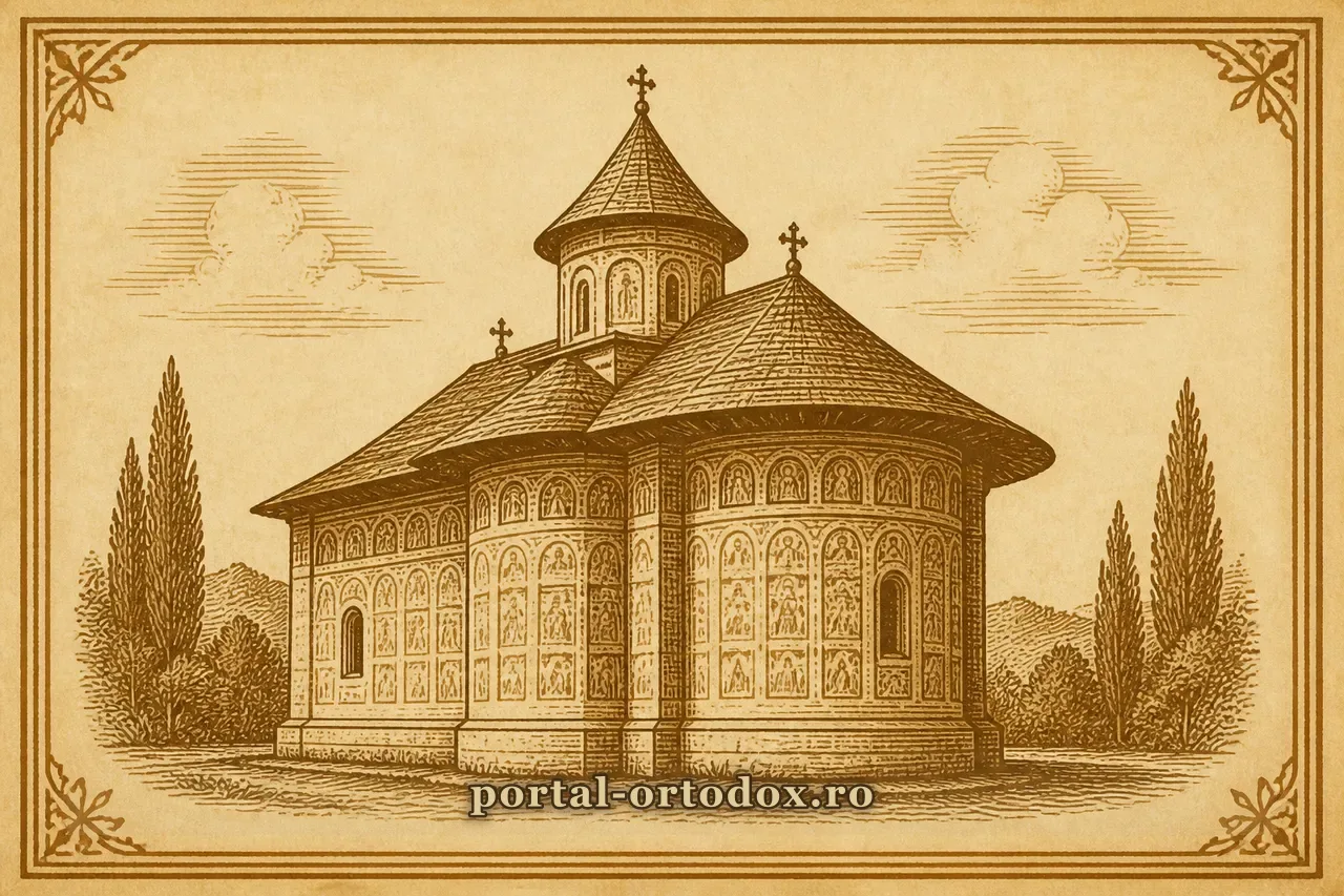 Ilustrație: biserică moldovenească cu fresce exterioare tip Bucovina