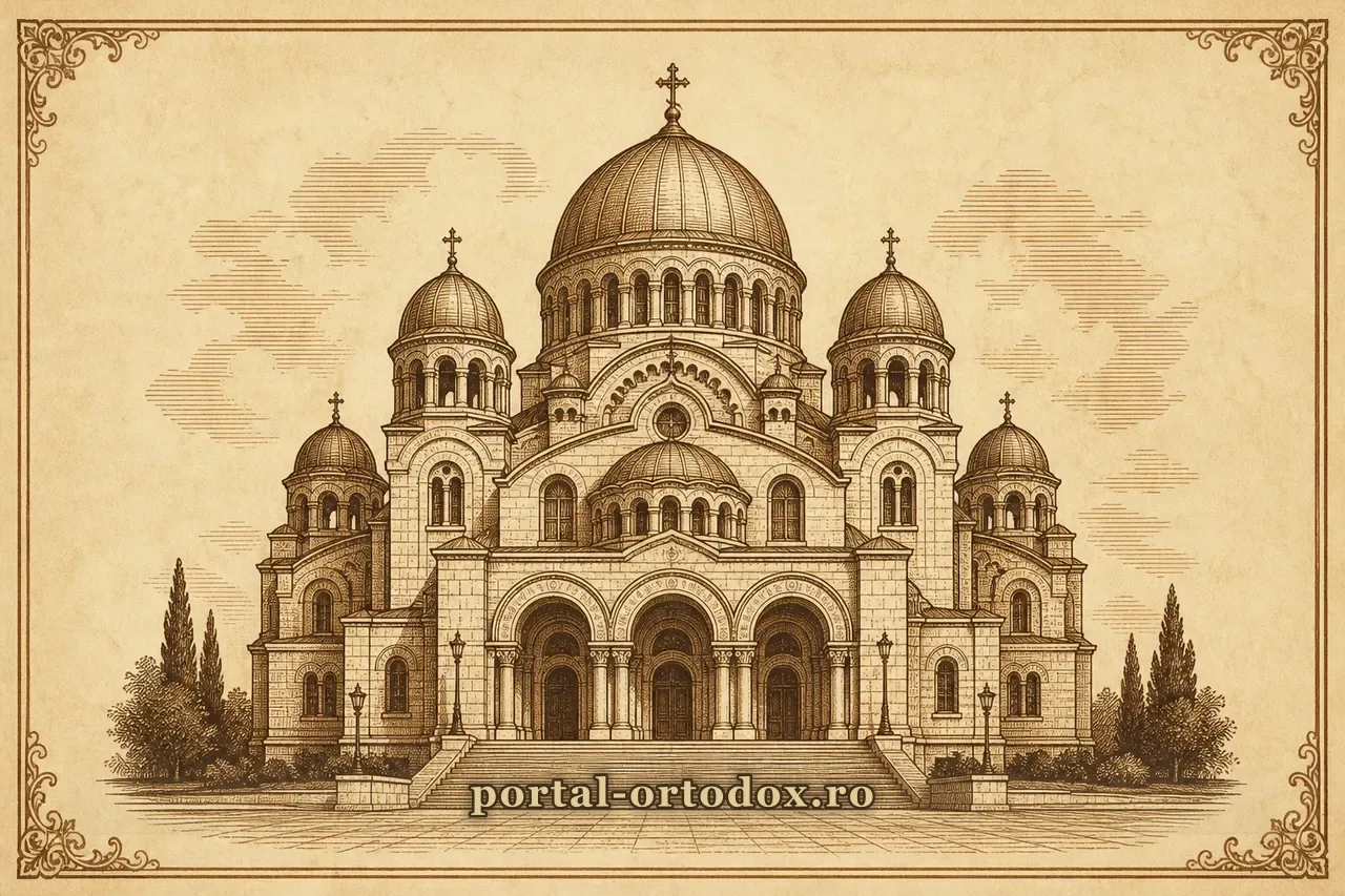 Ilustrație: catedrală neobizantină urbană cu cupole monumentale