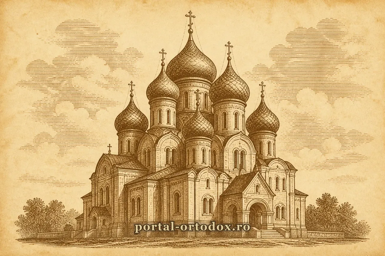Ilustrație: biserică în stil rusesc cu cupole în formă de ceapă