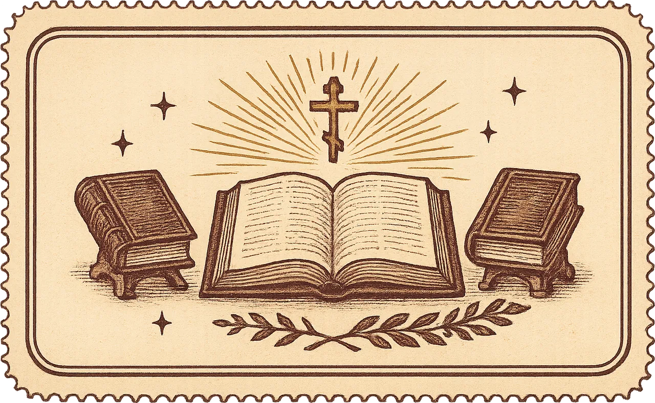 Ilustrație în stil gravură: Biblia deschisă cu o cruce și două volume - Vechiul și Noul Testament