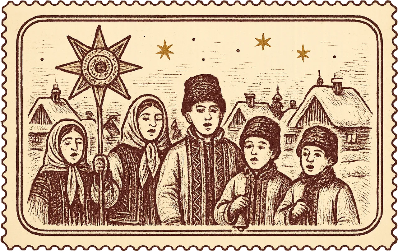 Ilustrație în stil gravură: colindători în costume populare, cu steaua