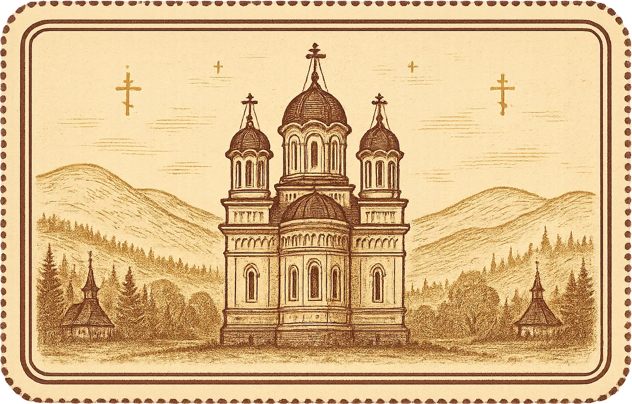 Ilustrație în stil gravură: catedrală ortodoxă din România, înconjurată de dealuri și biserici de lemn