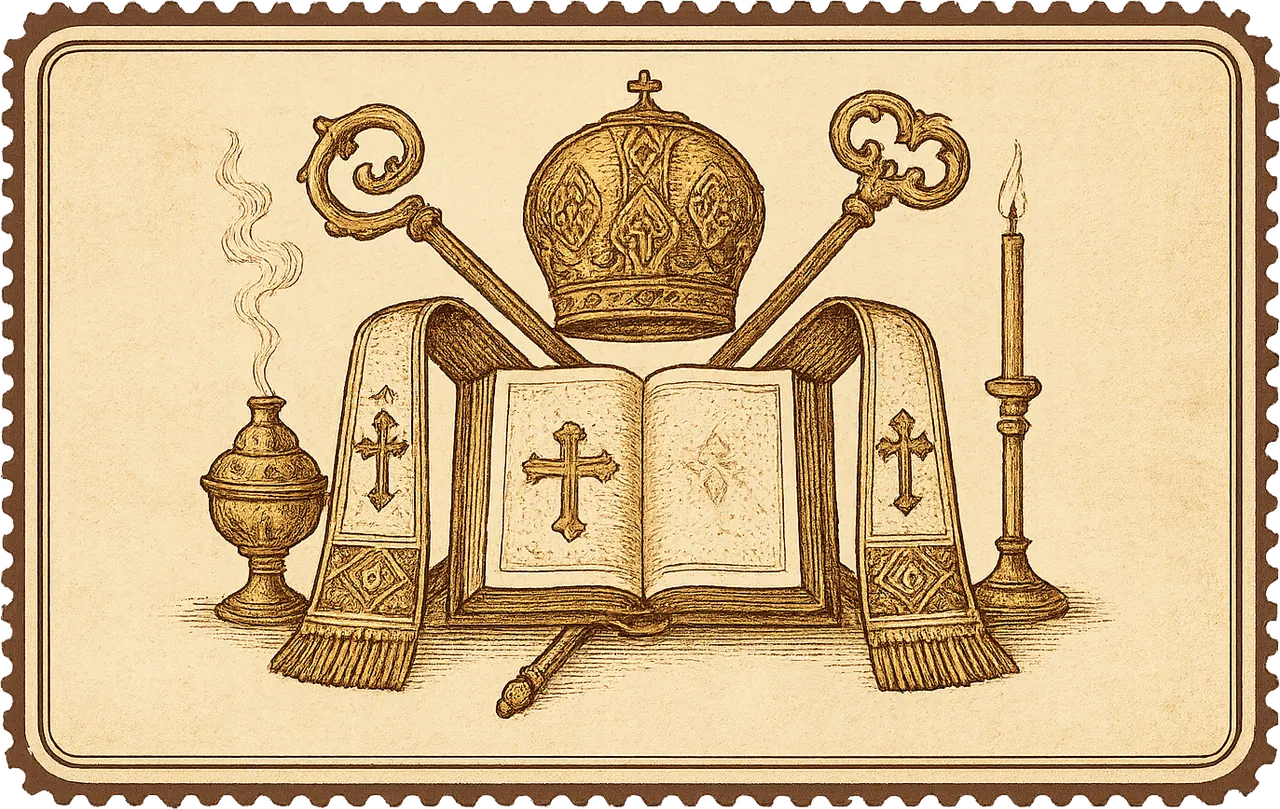 Ilustrație în stil gravură: Sfânta Evanghelie, mitra și cârja arhierească, epitrahil și cădelniță