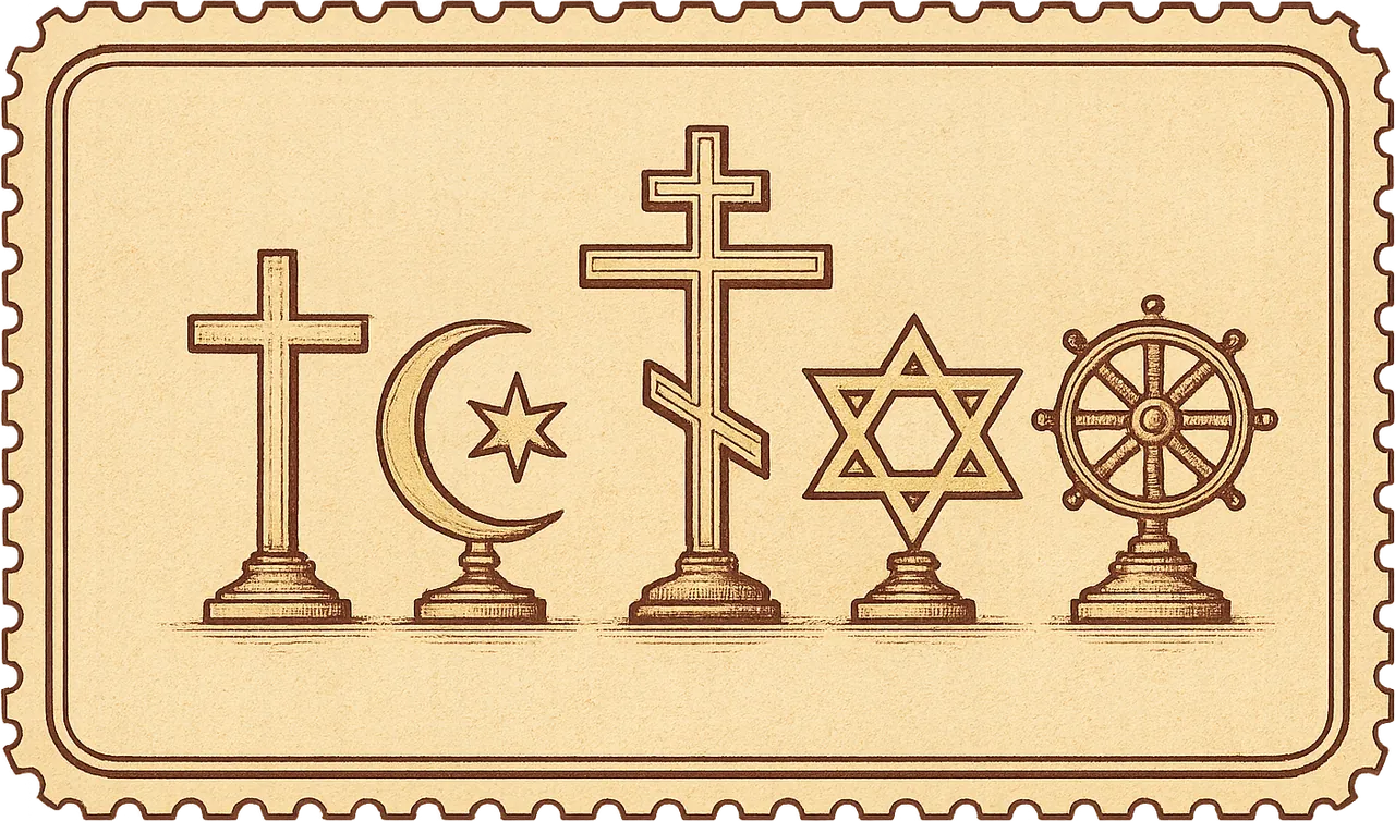 Ilustrație în stil gravură: simbolurile marilor religii ale lumii, cu crucea ortodoxă în centru