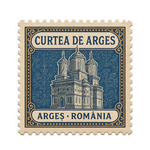 Ilustrație tip timbru: Mănăstirea Curtea de Argeș