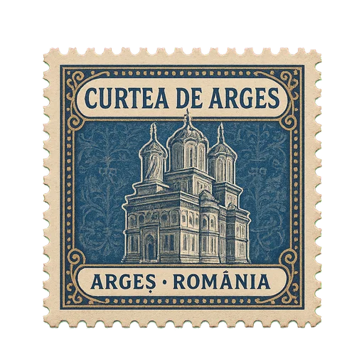 Ilustrație tip timbru: Mănăstirea Curtea de Argeș