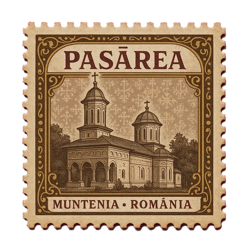 Ilustrație tip timbru: Mănăstirea Pasărea