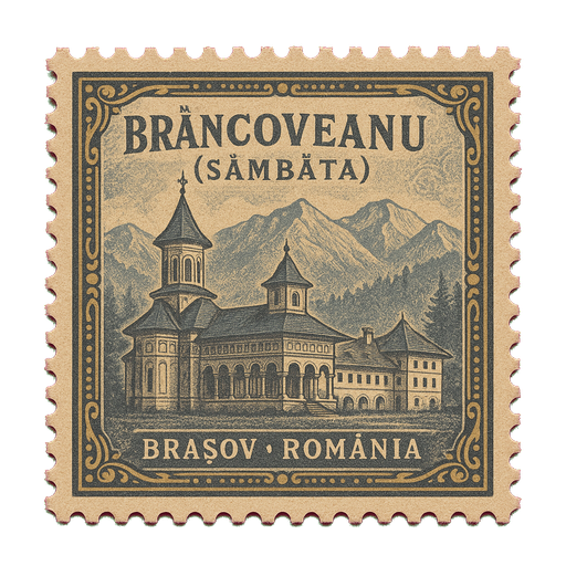 Ilustrație tip timbru: Mănăstirea Brâncoveanu (Sâmbăta)