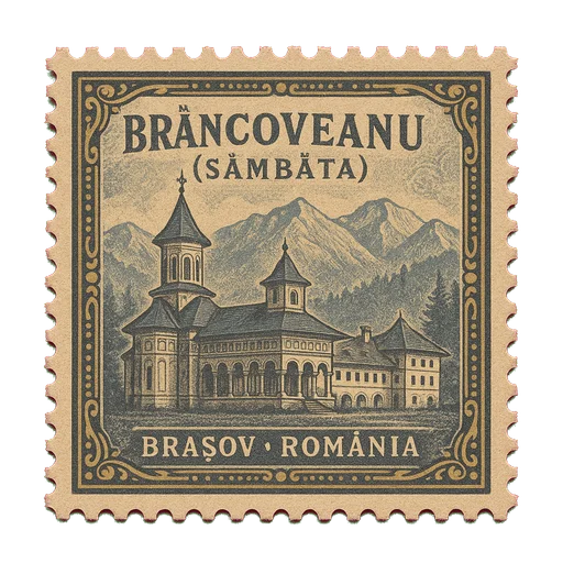 Ilustrație tip timbru: Mănăstirea Brâncoveanu (Sâmbăta)