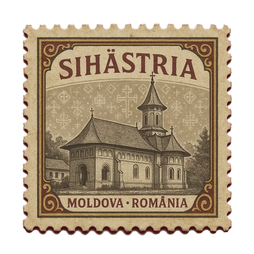 Ilustrație tip timbru: Mănăstirea Sihăstria